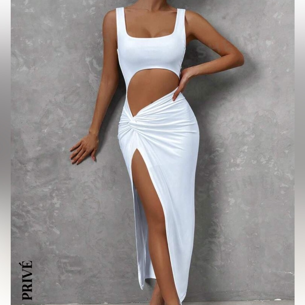 Cut Out Twist Front Split Thigh Dress